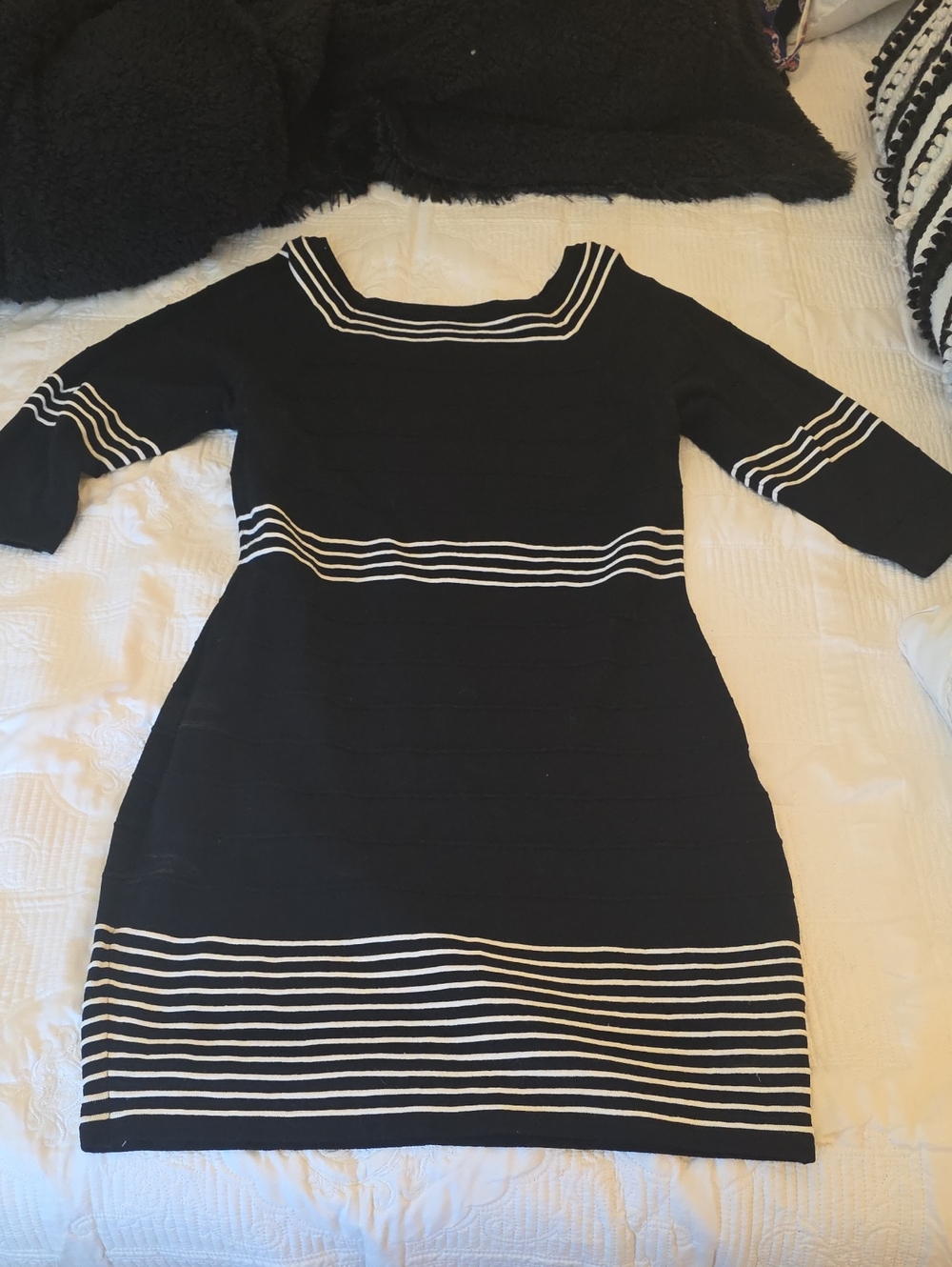 VENUS Black Knit Midi Dress with White Stripe Details
